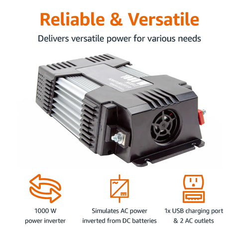 Rock Solid 1000W Car Power Inverter That Powers Your Rig On The Go By Converting 12V To 110V Ac, compact inverter with 2 AC outlets and USB port.