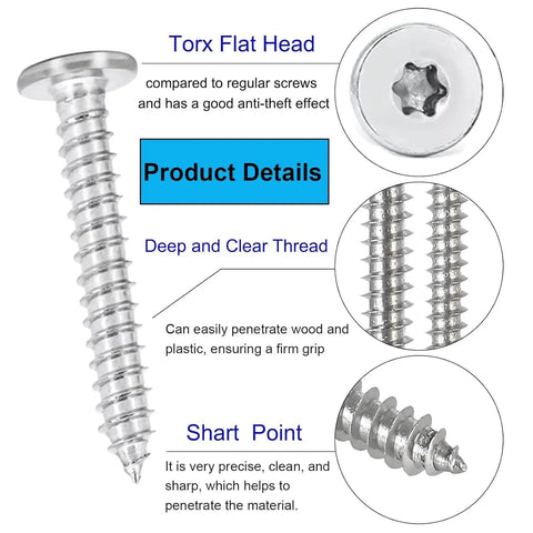 Built Tough Top Shelf Torx Flat Head Self Tapping Screws M4X12 304 Stainless Steel showing deep thread and sharp point design.