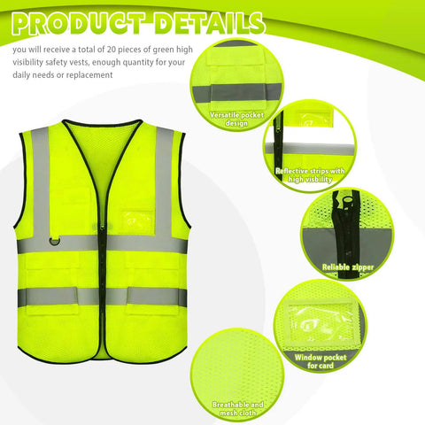 Heavy Duty Reflective Safety Vests Twenty Pack Zippered Mesh Top With Deep Pockets For The Daily Grind And Road Crews showing high visibility design.