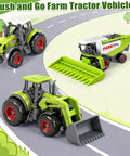 Five Pack Diecast Farm Tractor Toy Set With Combine Harvester And Digger Loader on curved play road for kids ages 3 to 8
