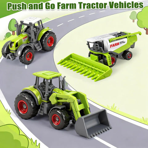 Five Pack Diecast Farm Tractor Toy Set With Combine Harvester And Digger Loader on curved play road for kids ages 3 to 8