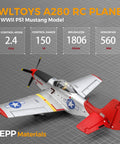 P51 Mustang 4 Channel RC Airplane With Lights, 6G and 3D Brushless Power, shown with red and silver details, wingspan 560mm