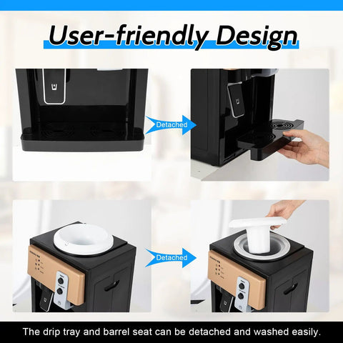 Three Temperature Water Dispenser With Hot Cold Warm Settings, freestanding unit with detachable drip tray and barrel seat.
