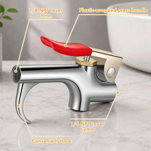 Close-up of steel blow gun nozzle with red handle, showcasing adjustable features for Four Sets Industrial Air Blow Gun Kits With Adjustable Nozzles And Steel Tips For Pneumatic Tools Built Tough To Kick Dirt And Debris Out Fast.