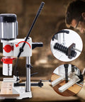 Rock Solid Cast Iron Benchtop Mortiser With Slick 3400 Rpm Motor and Three Quarter Horsepower for Dead Simple Wood Joinery showing motor and adjustments.