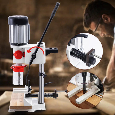Rock Solid Cast Iron Benchtop Mortiser With Slick 3400 Rpm Motor and Three Quarter Horsepower for Dead Simple Wood Joinery showing motor and adjustments.