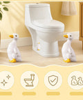 Total Bath Refresh With These Straight Up Cute Ceramic Duck Toilet Bolt Caps Set Of Two Standing Screw Covers Featuring Easy Peasy Setup And Real Deal Rust Protection, showing decorative duck covers next to a toilet.