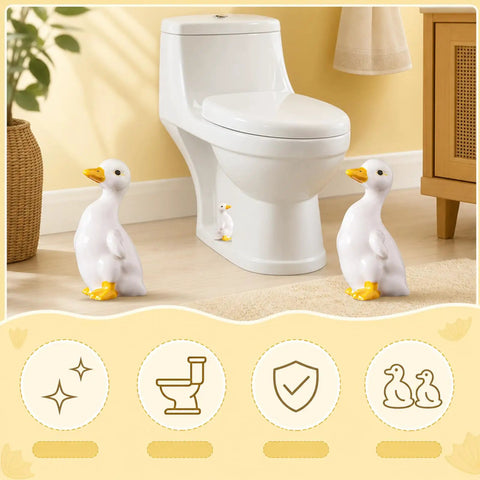 Total Bath Refresh With These Straight Up Cute Ceramic Duck Toilet Bolt Caps Set Of Two Standing Screw Covers Featuring Easy Peasy Setup And Real Deal Rust Protection, showing decorative duck covers next to a toilet.