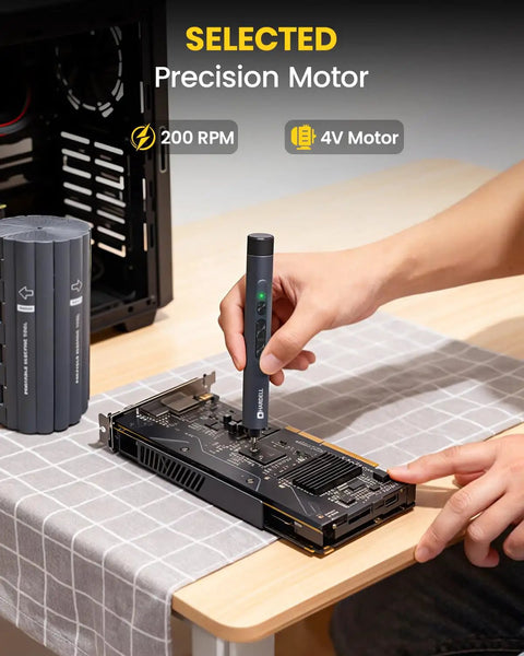 Slick Cordless Mini Electric Screwdriver Kit With 123 Precision Bits And Compact Roll Up Case For Phone Laptop Camera Watch Repair Jobs No Sweat Quick Fixes Straight Up Top Shelf Tech Gear being used on a circuit board.