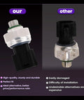 Direct Fit Replacement AC Pressure Switch For Nissan Infiniti Mazda Cars That Fits Altima 350Z 370Z Versa Maxima Titan FX Q50 Q60 QX50 QX60 HVAC Sensor Transducer Plug And Play shown with competitor's AC switch comparison
