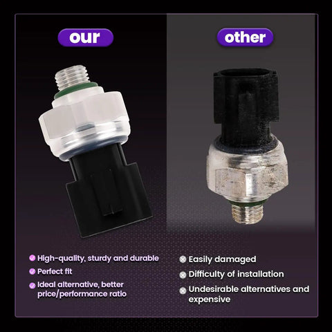 Direct Fit Replacement AC Pressure Switch For Nissan Infiniti Mazda Cars That Fits Altima 350Z 370Z Versa Maxima Titan FX Q50 Q60 QX50 QX60 HVAC Sensor Transducer Plug And Play shown with competitor's AC switch comparison