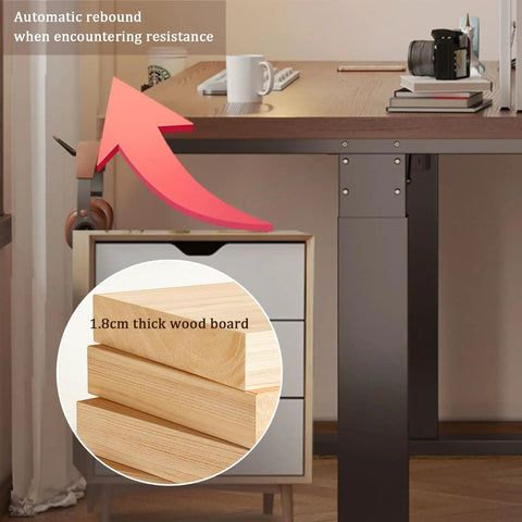 Electric Height Adjustable Standing Desk with anti-collision feature and 1.8cm thick wood board for workspace.