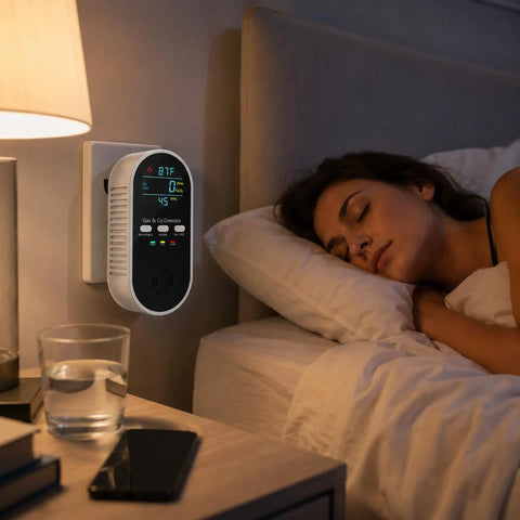 5-In-1 Air Monitor Plug-In With LED Display And Real-Time Gas Detection, Temperature And Humidity Readout, 85 dB Alarm in bedroom