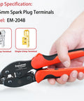 Hand holding Pro Spark Plug Wire Crimping Tool Kit with ratchet crimper for 7 to 8.5mm wires, showing front view with labels