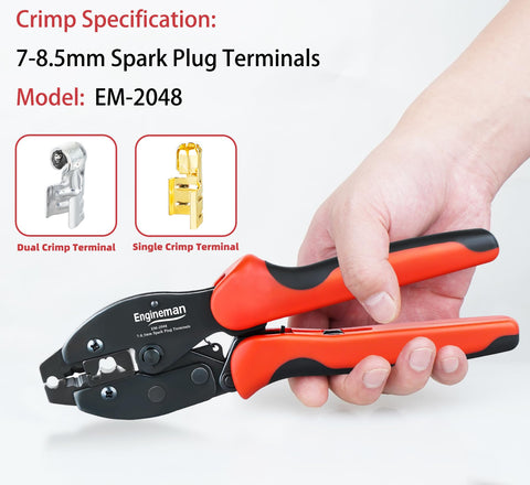 Hand holding Pro Spark Plug Wire Crimping Tool Kit with ratchet crimper for 7 to 8.5mm wires, showing front view with labels