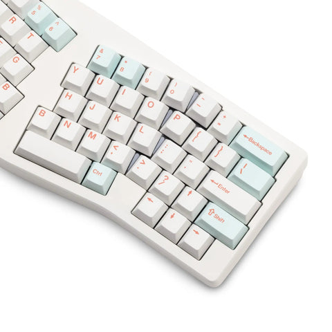 Alice Ergonomic Mechanical Keyboard With Rock Solid Aluminum Frame And Tri Mode Wireless Bluetooth Pairing Hot Swap Qmk Via Tuning Knockout Rgb Lighting Plus Pillow Wrist Rest For Smooth All Day Typing Vibes close-up view of key layout and color scheme