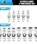Rugged 13 Piece External Torx Socket Set for 1/4 and 3/8 Inch Drives with Chrome Vanadium Steel, Universal Joint, Clear Markings