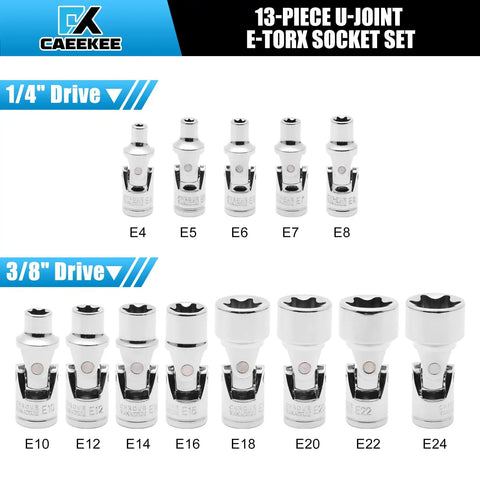 Rugged 13 Piece External Torx Socket Set for 1/4 and 3/8 Inch Drives with Chrome Vanadium Steel, Universal Joint, Clear Markings
