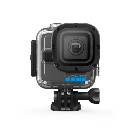 Front view of Dive Housing For HERO11 Black Mini - 60m Depth, pressure-resistant case with flat glass lens and built-in button.