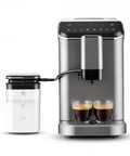 Top Shelf Fully Automatic Espresso Machine With Built In Grinder, 20 Bar Pressure, Smart Touch Display, Quick One Touch Brewing For Smooth Sips, Integrated Milk Frother, 15 Grind Settings, No Brainer Home Setup, Silver with two espresso cups.