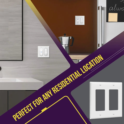 Durable 2-Gang Decorator Wall Plate for Light Switch and Receptacle, white polycarbonate, shown in kitchen and bathroom settings