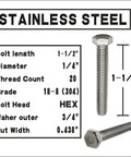 Heavy Duty Stainless Steel Hex Head Screws Bolts Set 1/4-20 X 1-1/2 Fully Threaded With Nuts Flat And Lock Washers 18-8 304 Stainless Includes 10 Sets, showing bolt dimensions.