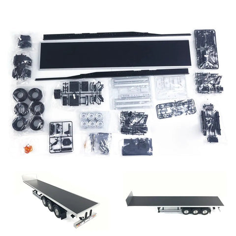 1/14 Scale RC Flatbed Semi Truck Chassis Kit For DIY Model, components and assembled view, including differential axle and multi-speed transmission.