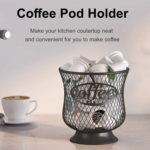 Barista Approved Large Capacity Coffee Pod Holder for K Cups and Nespresso Vertuo Pods with mesh design on countertop.