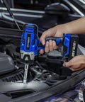 Person using 20V Cordless Impact Wrench 3/8 Inch Copper Gear Motor Delivers 240 Ft Lbs Torque Includes 2.0A Li Ion Battery Charger on car engine