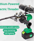 Pro Grade Cordless Electric Wire Puller With Slick Variable Speed Control Zero To Ninety Degree Bending Heads Dual Batteries For Heavy Duty Conduit Threading That Gets Done Smooth Without Any Hassle, lithium-powered electric threader with variable speed.