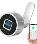 Heavy Duty Biometric Cabinet Lock With Bluetooth Digital Keyless Entry For Metal Storage displaying fingerprint scanner and smartphone app.