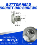 Knockout Quality 18-8 Stainless Steel Button Head Socket Cap Screws 10-32 X 1/4 Inch with hex-socket drive.