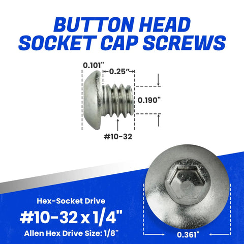 Knockout Quality 18-8 Stainless Steel Button Head Socket Cap Screws 10-32 X 1/4 Inch with hex-socket drive.
