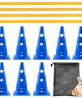 Low Height Puppy Agility Course Set With Hurdle Cones For Backyard Training Safe Entry Level Obstacle Equipment For Tiny Pups Easy Setup Fun And Exercise showing blue cones, yellow bars, carry bag, and puppy