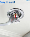 Slick Chrome Six Pack Fire Sprinkler Trim Rings For Ceilings with half inch adjustment, installed in a ceiling.