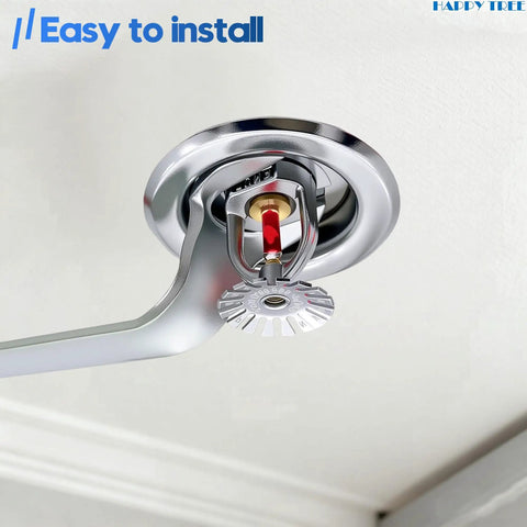 Slick Chrome Six Pack Fire Sprinkler Trim Rings For Ceilings with half inch adjustment, installed in a ceiling.