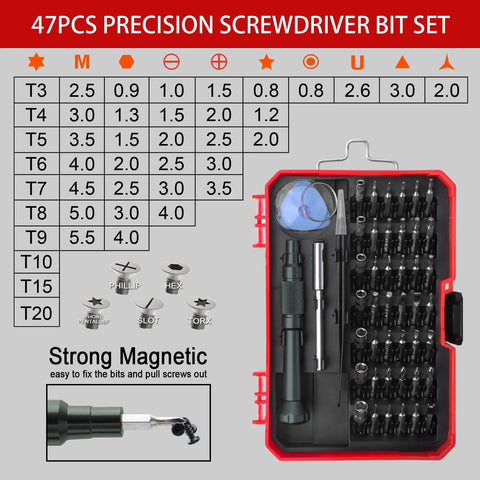 47 In 1 Precision Electronics Screwdriver Set with 42 Bits, Tweezers, Extension Rod, and Magnetic Holder in Case