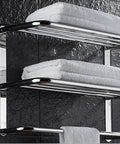 Three Tier Wall Mount Bathroom Shelf With Towel Bars Heavy Duty Stainless Steel Rack Rust Proof Chrome Finish installed with towels