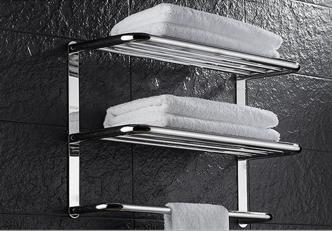 Three Tier Wall Mount Bathroom Shelf With Towel Bars Heavy Duty Stainless Steel Rack Rust Proof Chrome Finish installed with towels