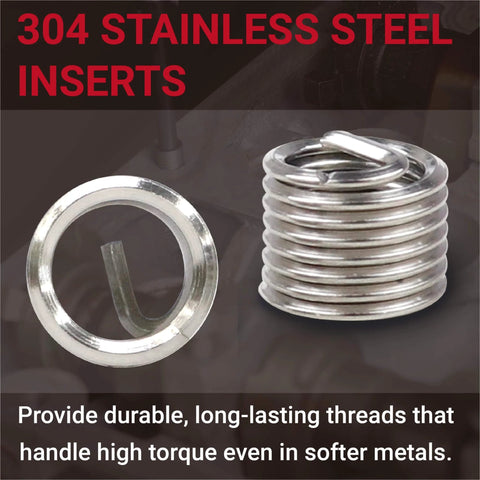 304 stainless steel thread inserts from the 3/8-16 Helicoil Thread Repair Kit With HSS Drill Bit, Thread Inserts, Installation Tool, Break-Off Tool, Precision Tap, Durable Drill Bit, And Carry Case for Rethreading Internal SAE Threads.