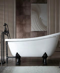 Slick Freestanding Clawfoot Tub Bundle Featuring Top Shelf Oil Rubbed Bronze Faucet And Drain Assembly All In One Premium Bathroom Soaking Package For Effortless Setup side view of white bathtub with black claw feet and faucet.