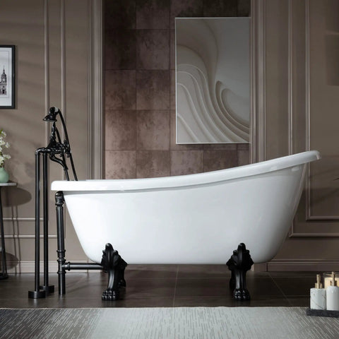 Slick Freestanding Clawfoot Tub Bundle Featuring Top Shelf Oil Rubbed Bronze Faucet And Drain Assembly All In One Premium Bathroom Soaking Package For Effortless Setup side view of white bathtub with black claw feet and faucet.