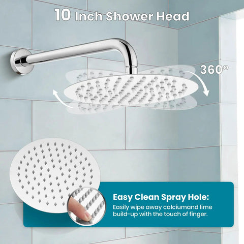 10 Inch Round Rainfall Shower System With Wall Mount High Pressure Shower Head Set in Polished Chrome, SUS304 Construction.