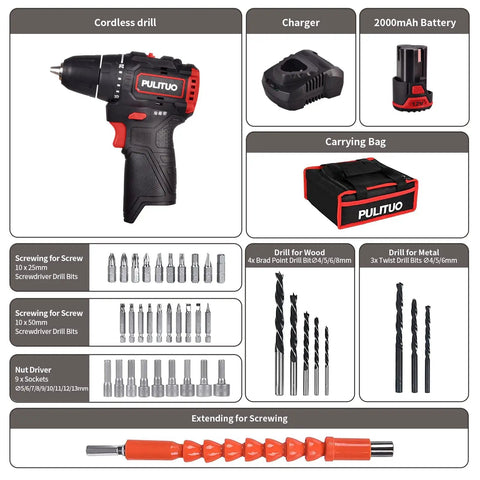 Lightweight Brushless 12V Cordless Drill Kit with 310 Inlb Torque, drill bits, 20+1 clutch, carrying bag, LED work light