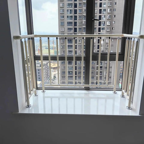 Rock Solid White Mezzanine Railing Guard With Zero Fuss Tool Free Window Mount For Balconies Decks Stairs Heavy Duty Aluminum Steel Security Barrier Quick Setup shown in high-rise window.