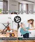Comparison of wired vs wireless setup with Dual Mode Wireless Guitar System UHF With 100ft Range And Rechargeable Li Battery Plug And Play.