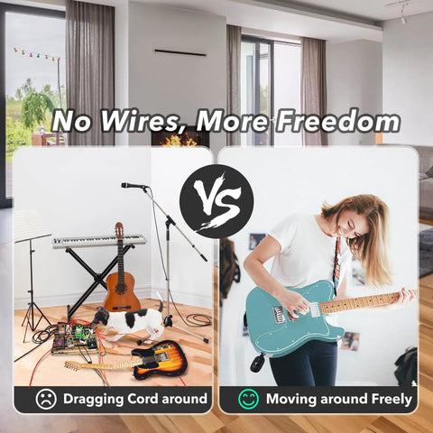 Comparison of wired vs wireless setup with Dual Mode Wireless Guitar System UHF With 100ft Range And Rechargeable Li Battery Plug And Play.