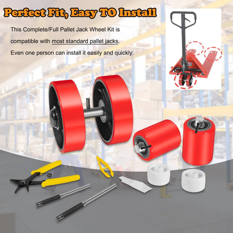 Complete Pallet Jack Wheel Replacement Kit With Dual 7x2 Steering Wheels, Dual 3x3.75 Front Load Rollers, Pre-Installed Bearings