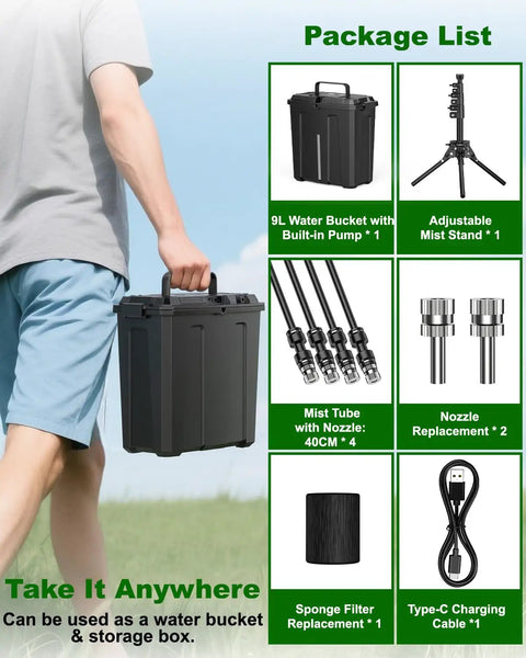 Man carrying Cordless Portable Misting System with Stand, 9L Tank, 10000mAh Battery, Built In Pump And Timer for outdoor use.