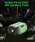 EGO 56V cordless tool battery with various compatible power tools, highlighting compatibility and battery design.